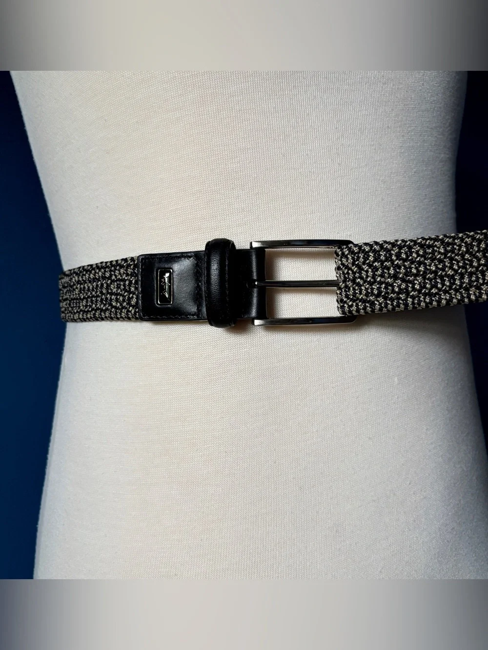 Greg Norman Blue Grey Stretch Belt 34 Black Leather Silver Buckle Logo Golf